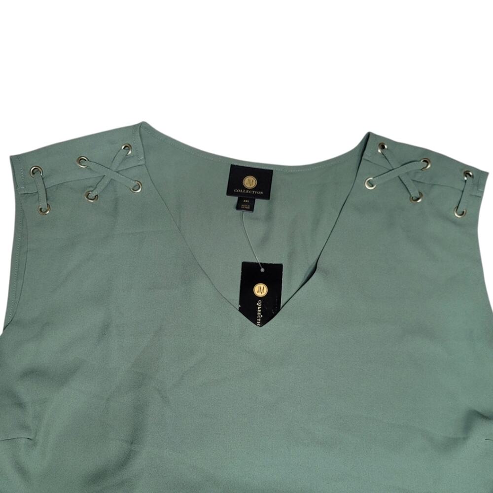 JM Collection Green V-Neckline Grommet-Trim Top XXL - Picture 6 of 12